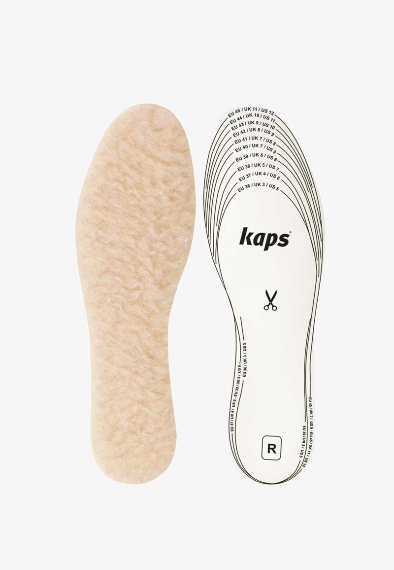 Kaps sulor med en strukturerad beige ovansida och en vit bas med tryckta storleksmått och en saxikon för beskärning.