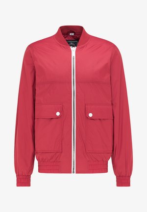 Rdeča bomberska jakna z popolnim zadrgo, dvema sprednjima žepoma s poklopci, elastičnimi manšetami in rebrastim ovratnikom. Gladek, lahek material.