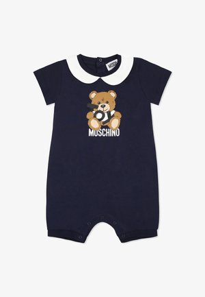 Romper blu navy a maniche corte con colletto bianco, orsetto stampato con una macchina fotografica e chiusura a scatto sul fondo per un facile vestire.
