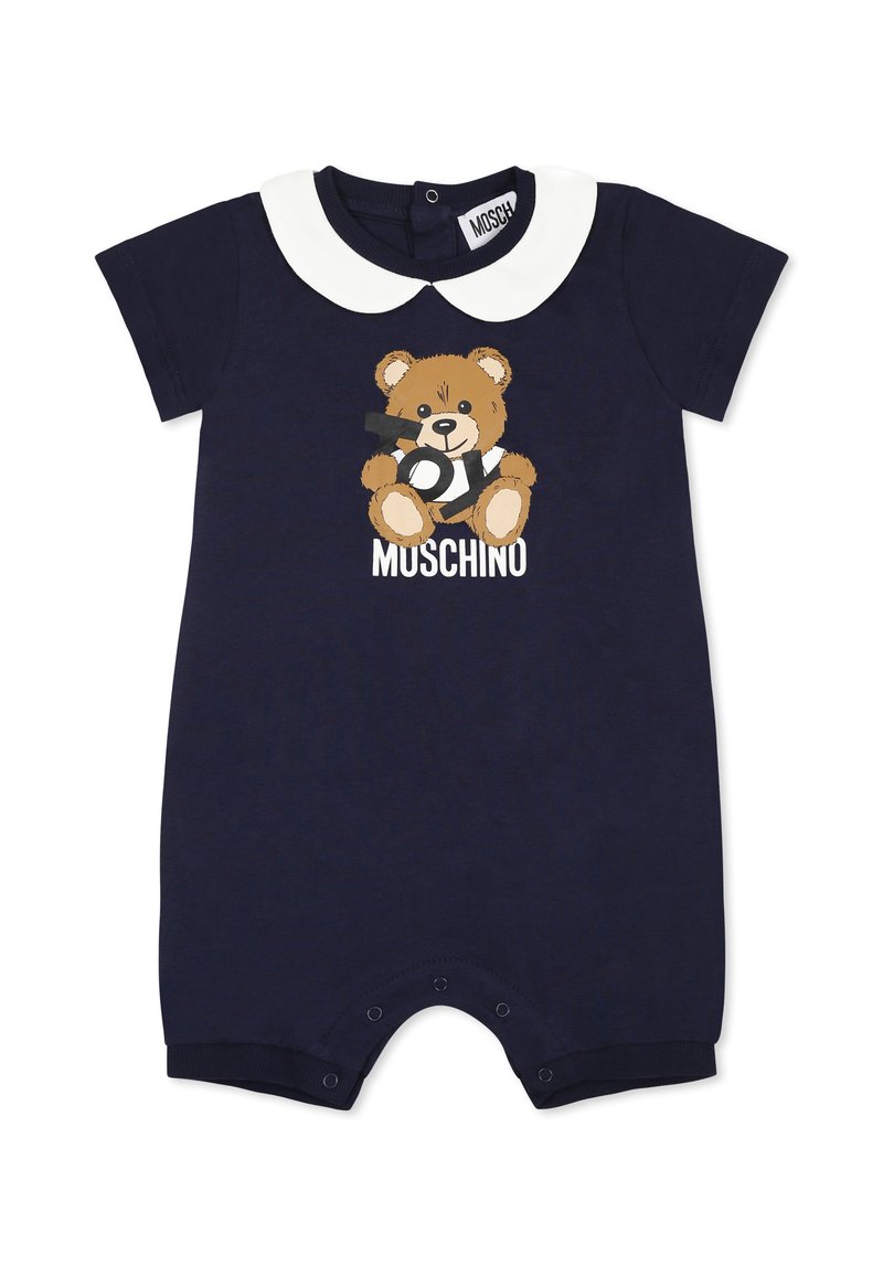 Romper blu navy a maniche corte con colletto bianco, orsetto stampato con una macchina fotografica e chiusura a scatto sul fondo per un facile vestire.