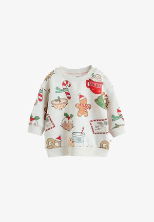 Sudadera gris claro hecha de una tela suave, con ilustraciones navideñas que incluyen hombres de pan de jengibre, bastones de caramelo y postres festivos.
