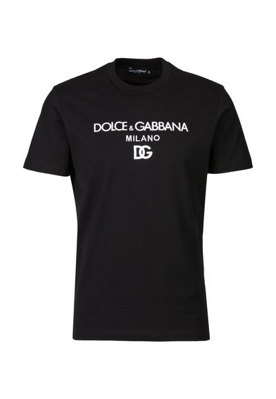 Zwarte katoenen t-shirt met witte bedrukte tekst: "DOLCE & GABBANA MILANO" en "DG." Standaard ronde hals en korte mouwen.