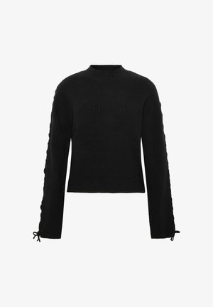 Pulover negru din tricot cu model canelat, cu gât înalt, mâneci lungi care au detalii din dantelă pe laterale și șnururi ajustabile la mansete.