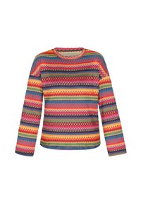 Maglione colorato lavorato a maglia con strisce orizzontali in rosa, rosso, blu e verde, con scollo rotondo e maniche lunghe.