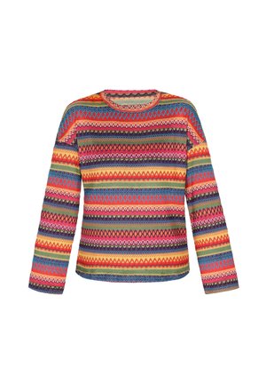 Pulover tricotat colorat, cu dungi orizontale în nuanțe de roz, roșu, albastru și verde, cu guler rotund și mâneci lungi.