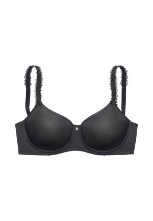 Black underwire bra with lightly padded cups and lace-trimmed adjustable straps, featuring a small central decorative charm.