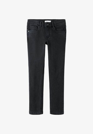 Juodi siauri džinsai su priekyje esančiu mygtuku ir užtrauktuku, dviem priekinėmis ir dviem galinėmis kišenėmis bei diržo kilpomis.