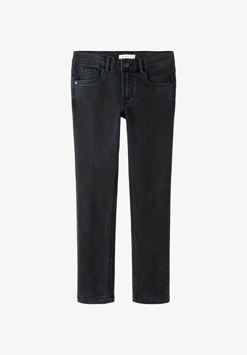 Črne tesne kavbojke z gumbom in zadrgo spredaj, dvema sprednjima in dvema zadnjima žepoma ter z luknjami za pas.