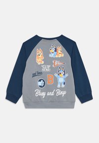 Felpa grigia con maniche raglan navy che presenta i personaggi dei cartoni animati Bluey e Bingo, il testo "buon divertimento" e "Amici", e grafiche giocose.