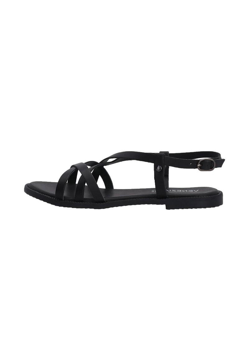 Schwarze flache Sandalen mit mehreren überkreuzten Riemen und einem verstellbaren Knöchelverschluss. Strukturiertes Fußbett für Halt und Komfort. Leichtes Design.