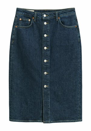 Dunkelblaue Jeansrock mit eng anliegendem Bund, knöpfbarem Frontteil, kupferfarbenen Nieten und zwei vorderen Taschen. Mittellang mit geradem Schnitt.