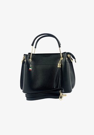 Zwarte leren handtas met een gestructureerde vorm, gouden hardware, bovenhandvatten, een afneembare schouderband en een kwastdetail.