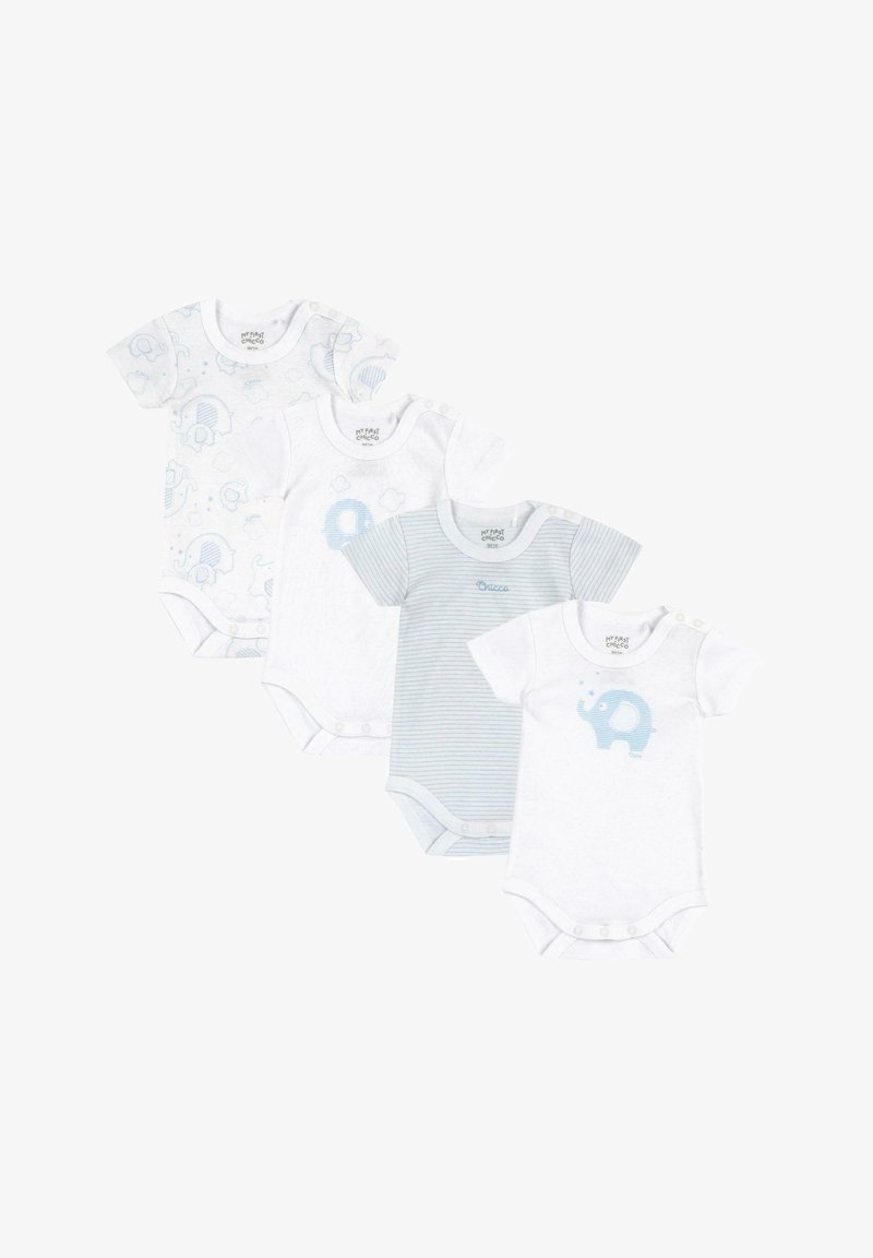 Quatre bodysuits pour bébé à manches courtes en blanc et bleu clair. Les caractéristiques incluent des graphiques d'éléphants, des motifs de nuages et des rayures horizontales.