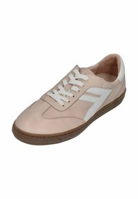 Light pink leather sneaker with white accents, lace-up design, rounded toe, and textured brown rubber sole. Features a sporty silhouette.