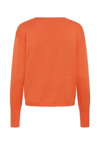 Pull orange uni à manches longues avec un col rond, des poignets et un ourlet côtelés, montré de dos sur fond blanc.