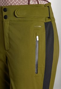 Olivgrüne Hose mit einem schwarzen Seitenpanel, ausgestattet mit einer Reißverschlusstasche und einem Bund mit zwei schwarzen Knöpfen und einer Schlaufe. DryVent-Logo sichtbar.