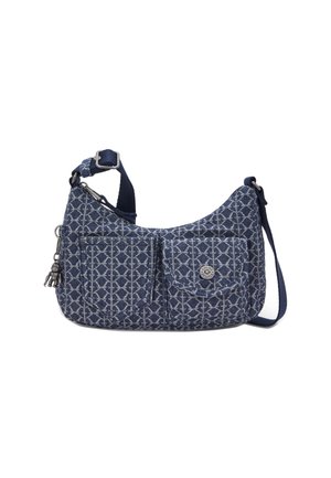 Blue patterned fabric handbag with two front pockets, silver hardware, adjustable strap, and textured surface. Compact, curved shape.
