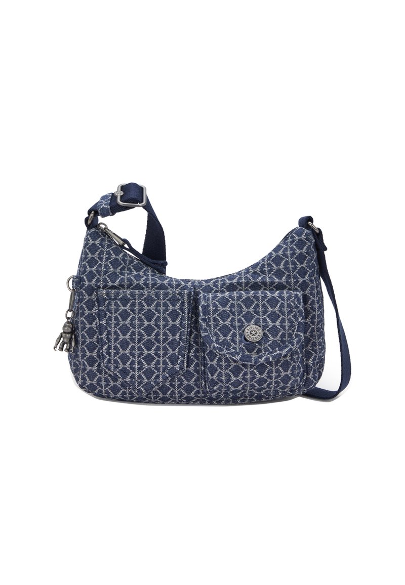 Blue patterned fabric handbag with two front pockets, silver hardware, adjustable strap, and textured surface. Compact, curved shape.