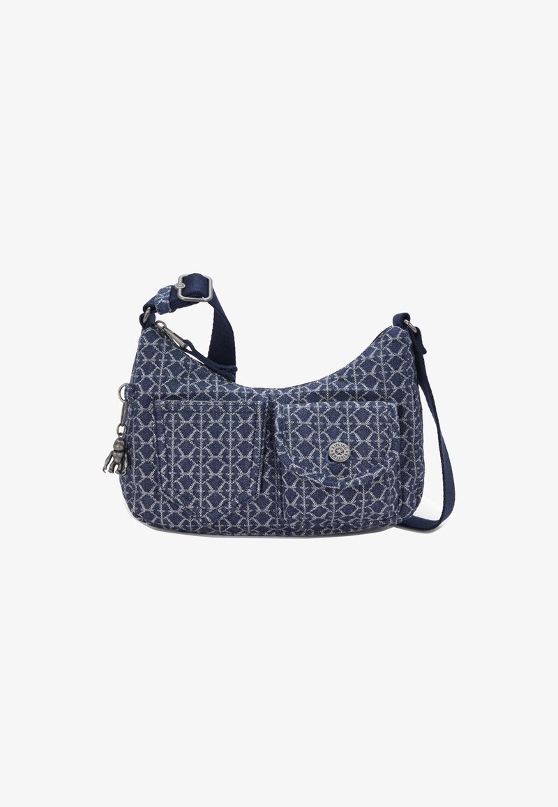 Blue patterned fabric handbag with two front pockets, silver hardware, adjustable strap, and textured surface. Compact, curved shape.