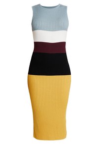 Stickad klänning med ribbat mönster och färgblockdesign: ljusblå, vit, vinröd, svart och gul. Ärmlös och figurnära.