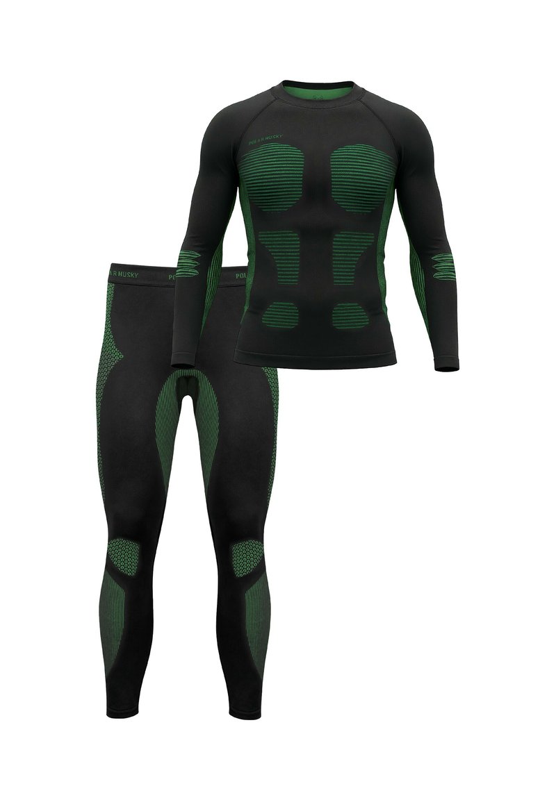 Black athletic set including a long-sleeve top and leggings. Features green striped accents and textured details on the sleeves and legs.