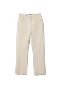 Pantalones beige de pierna recta con botón y cremallera frontal, trabillas para cinturón y diseño de cinco bolsillos, colocados planos sobre un fondo blanco.