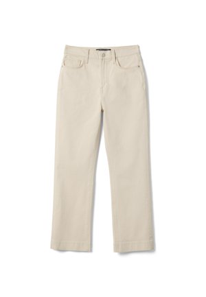 Pantaloni beige a gamba dritta con bottoni e cerniera frontali, passanti per cintura e design a cinque tasche, posati su uno sfondo bianco.