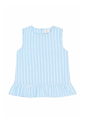 Svetlomodrá bezrukávová blúzka s bielymi vertikálnymi pruhmi, okrúhlym výstrihom a volánovým lemom na spodnej časti. Vyrobená z jemného, ľahkého materiálu.