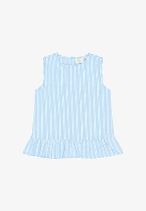 Top fără mâneci de culoare albastru deschis, cu dungi verticale albe, decolteu rotund și tiv ondulat la baza. Confecționat dintr-un material moale și ușor.