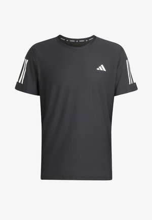 Zwart sportshirt met korte mouwen van textuurstof. Heeft witte drie-strepen accenten op de mouwen en het Adidas-logo aan de voorkant.
