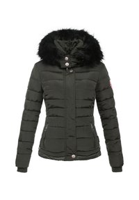 Donkergroene gewatteerde winterjas met zwarte nepbont kraag, voorzijde met rits, drukknopen en ritszakken.