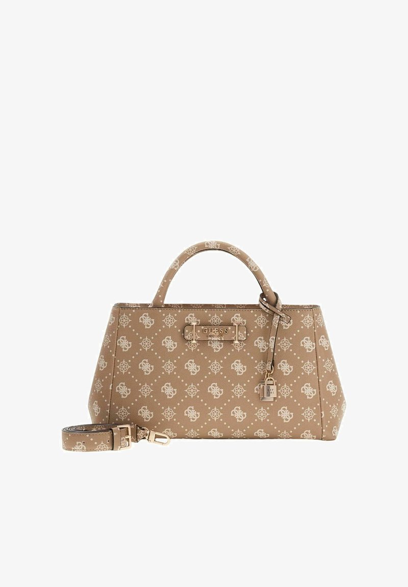 Sac à main beige avec un motif géométrique, un design structuré, deux poignées et une bandoulière amovible. Comprend une quincaillerie dorée et un verrou décoratif.