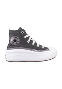 Sneaker alte in tela grigia con suola in gomma bianca, con dettagli metallici argento e logo a stella distintivo sulla caviglia.