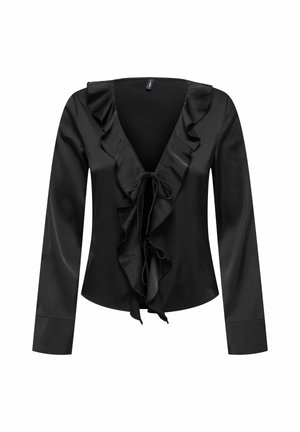 Blusa de satén negro con un pronunciado escote en V, volantes en el frente y mangas largas con puños abotonados. Incluye un cierre con lazo en la parte delantera.