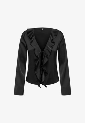 Mustast satiinist bluus, millel on sügav V-kaelus, esirafieed ja pika varrukaga nööpidega mansetid. Ees on sidumisrihm.