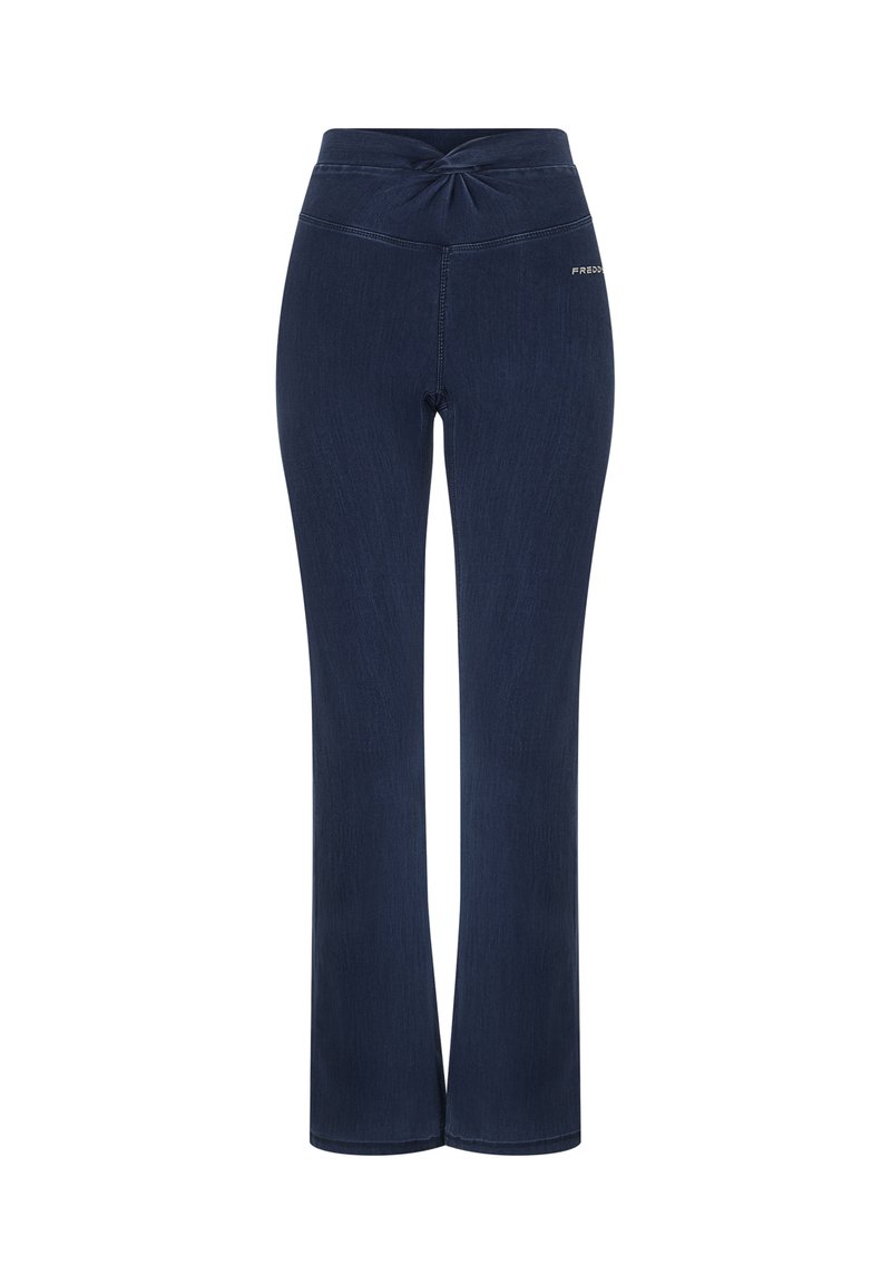 Pantalones de yoga azul marino en una tela elástica, con un diseño de cinturilla retorcida y piernas rectas, con costuras sutiles y sin bolsillos visibles.