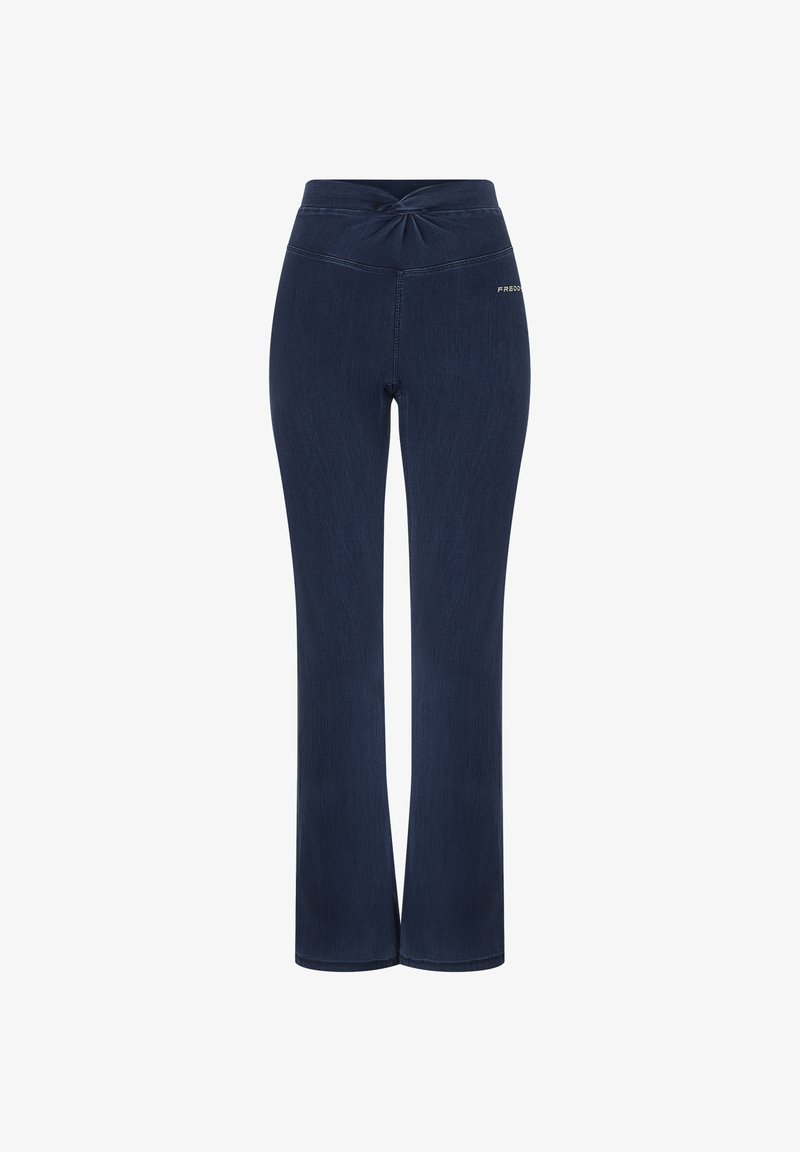 Pantalones de yoga azul marino en una tela elástica, con un diseño de cinturilla retorcida y piernas rectas, con costuras sutiles y sin bolsillos visibles.