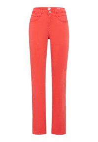Rote gerade geschnittene Hosen aus Baumwolle mit glatter Textur. Mit Fronttaschen, Knopfverschluss und modernem Design.