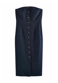 Rochie fără bretele, de culoare albastru închis, cu o siluetă dreaptă. Prezintă nasturi mari, rotunzi, în nuanță de aur pe față și o textură fină.