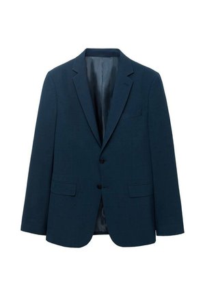 Sacou bleumarin din stofă cu un model texturat în carouri, design cu un singur rând de nasturi, rever clasic, două buzunare frontale și două nasturi. Interior căptușit.
