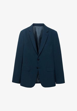 Mornaricom plavi blejzer s teksturiranim kariranim uzorkom, jednostruko kopčanje, reveri s reznim rubom, dva prednja džepa i dva gumba. Obložen unutrašnjost.