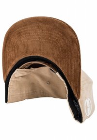 Brown corduroy cap with a curved visor, beige underside, and black inner lining detailing. Features white logo embroidery on the side.
