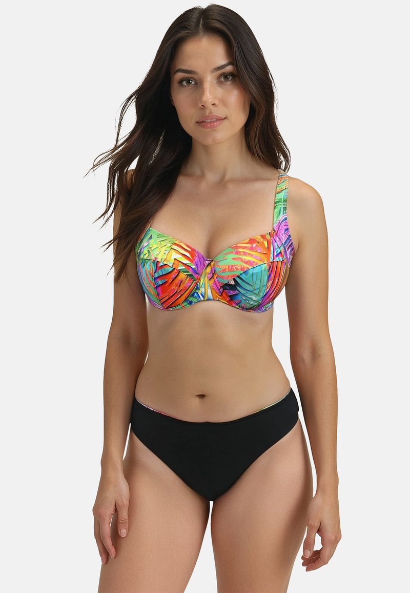Top bikini multicolore con vivaci fantasie tropicali e slip neri. Il top è dotato di supporto con ferretto e spalline regolabili.