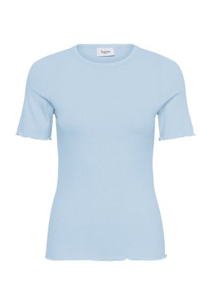 Šviesiai mėlynas ribuotas trumpomis rankovėmis megztinis su apvalia iškirpte ir raukšlėtomis krašteliais apačioje ir rankovėse, pažymėtas užrašu „Saint.“