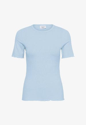 Haut bleu clair côtelé à manches courtes avec encolure ronde et ourlet ainsi que manches à bords ondulés, étiqueté "Saint."