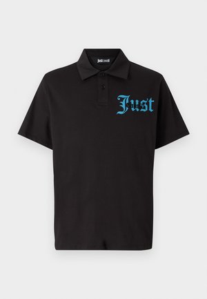 Black polo shirt made of cotton, featuring a collar, three buttons, and a blue graphic text "Just" on the left side.