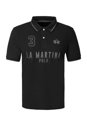 Polo noir à manches courtes avec col, texte « LA MARTINA POLO », numéro 3 et deux cavaliers brodés sur la poitrine.