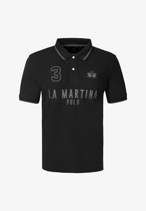Černé polotričko s krátkým rukávem a límečkem, nápisem „LA MARTINA POLO“, číslem 3 a dvěma vyšitými jezdci na koni na hrudi.