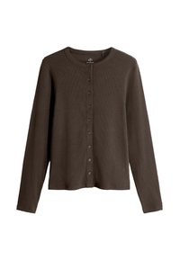 Dunkelbrauner langärmeliger Cardigan aus Rippstoff, mit Rundhalsausschnitt und einer Reihe von sechs Knöpfen entlang der Vorderseite.