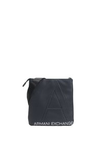 Borsa a tracolla nera realizzata in materiale testurizzato, con logo 'A' in rilievo e branding bianco 'ARMANI EXCHANGE' sul davanti.